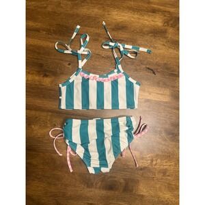Sweet‎ Honey Striped Swimsuit Set Tie Straps Ruffle Trim Teal White 5Y